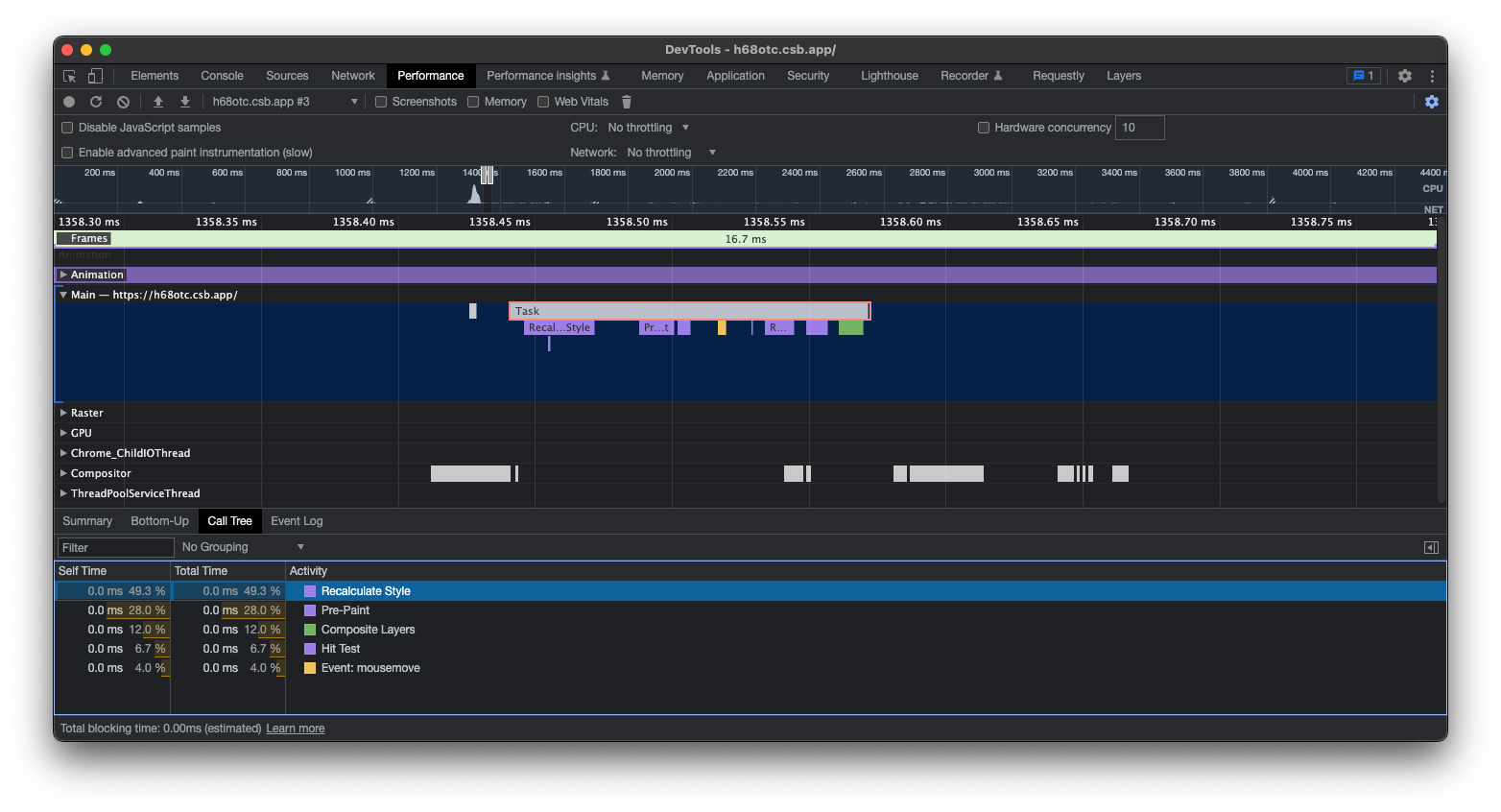 Performance devtool with the information of an animation frame that only triggers the composite phase