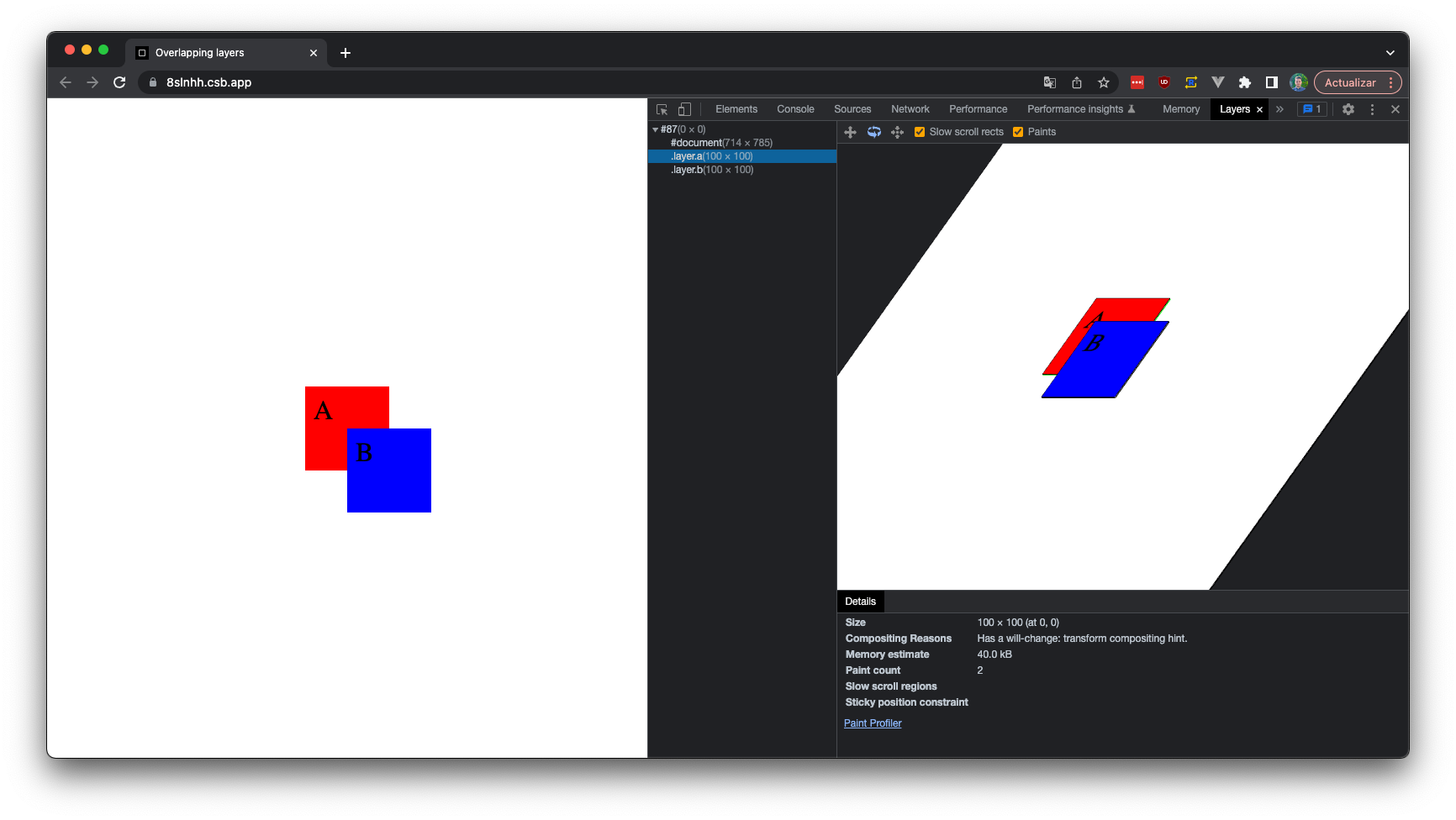 Blank website with 2 boxes in separate layers. These boxes are 100 pixels wide and 100 pixels height. Their layer size is 40KB